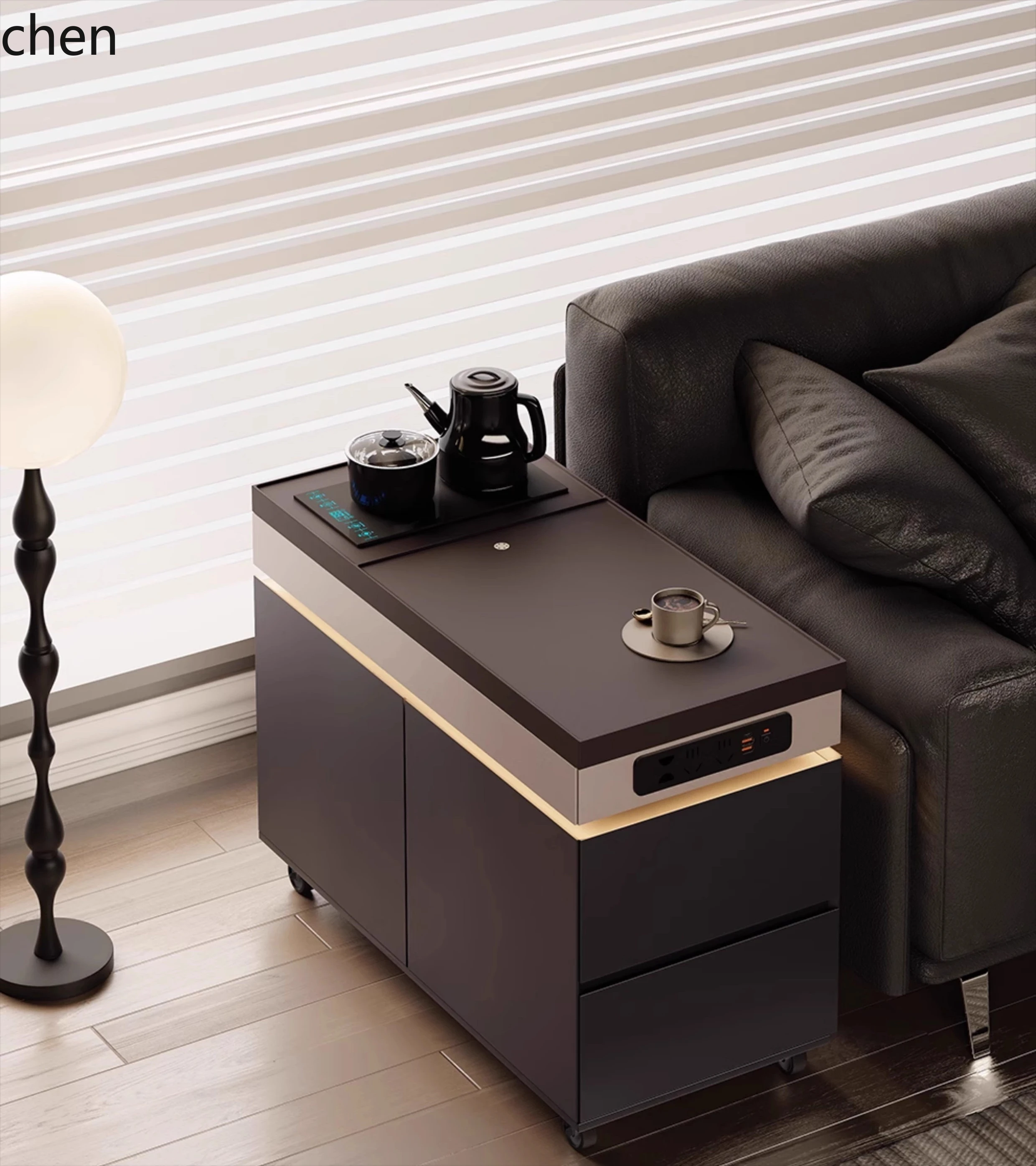 ZML Minimalist Mobile Tea Cabinet with Kettle Integrated Living Room High-end Sofa Side Cabinet Office Tea Table