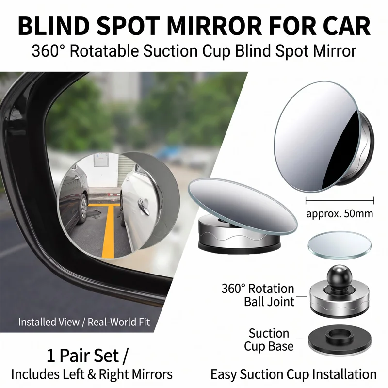 2PCS Convex Mounted Auxiliary Rear-View Mirror 360 Degree Rotation Wide-Angle Blind Spot Mirrors Reversing Mirrors Accessory