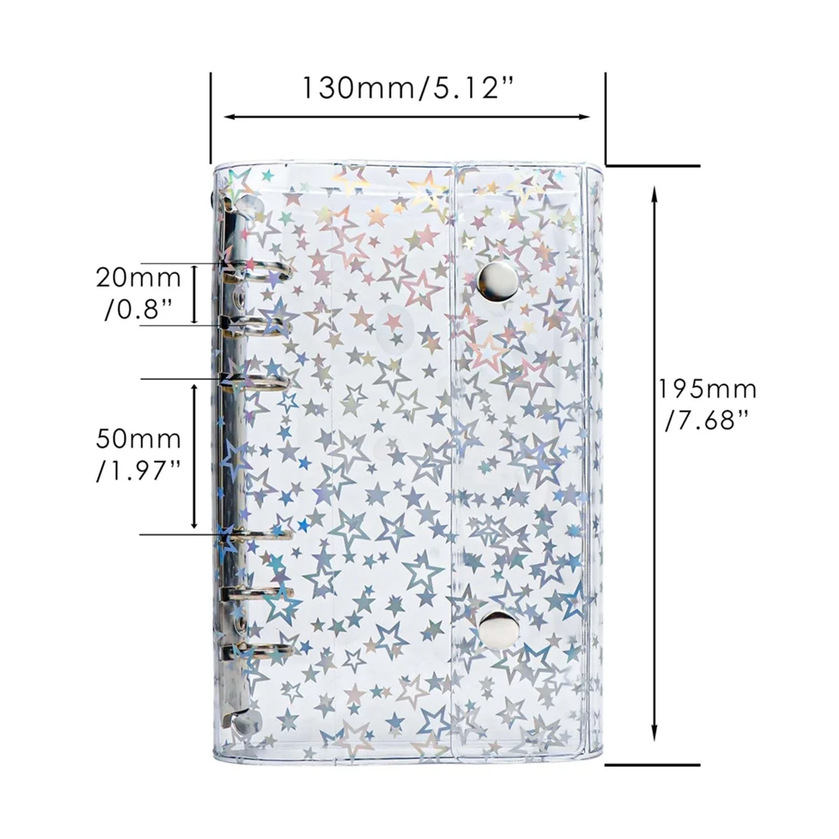 A6 Budget Binder Cover Clear PVC 6 Ring Binder Glitter Star Refillable Notebook Shell Protector with 2 Snaps