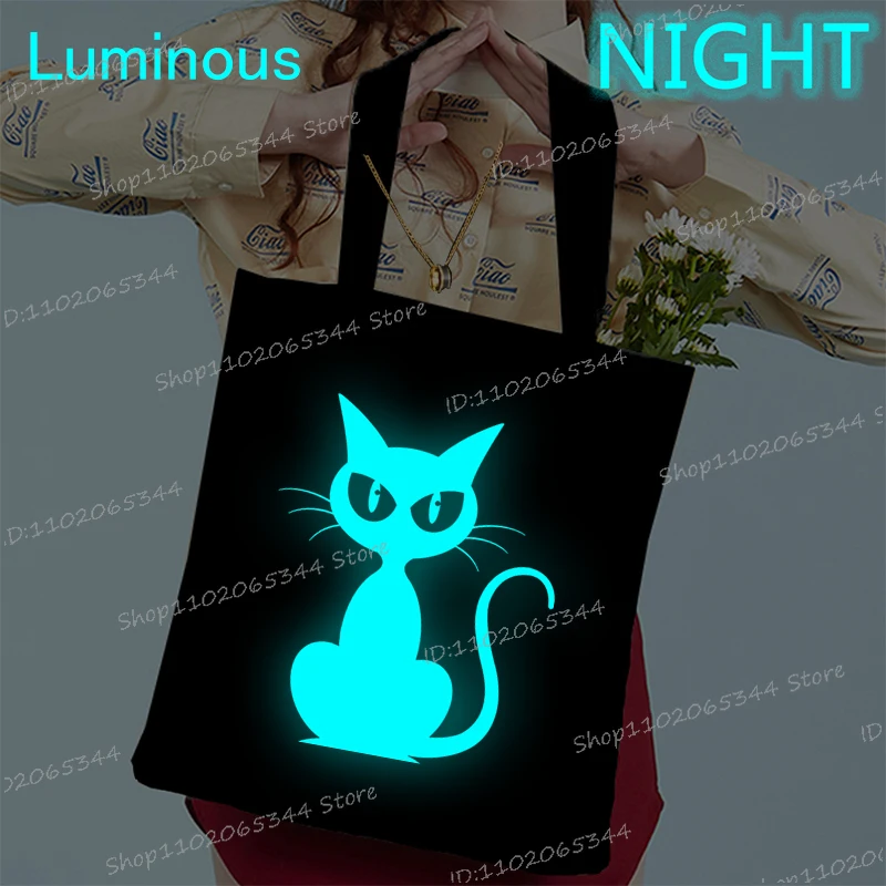 مضيئة نمط القط حمل حقيبة للنساء ايكو قابلة لإعادة الاستخدام حقائب كتف سعة كبيرة قماش عادية Harajuku التسوق المتسوق حقيبة يد