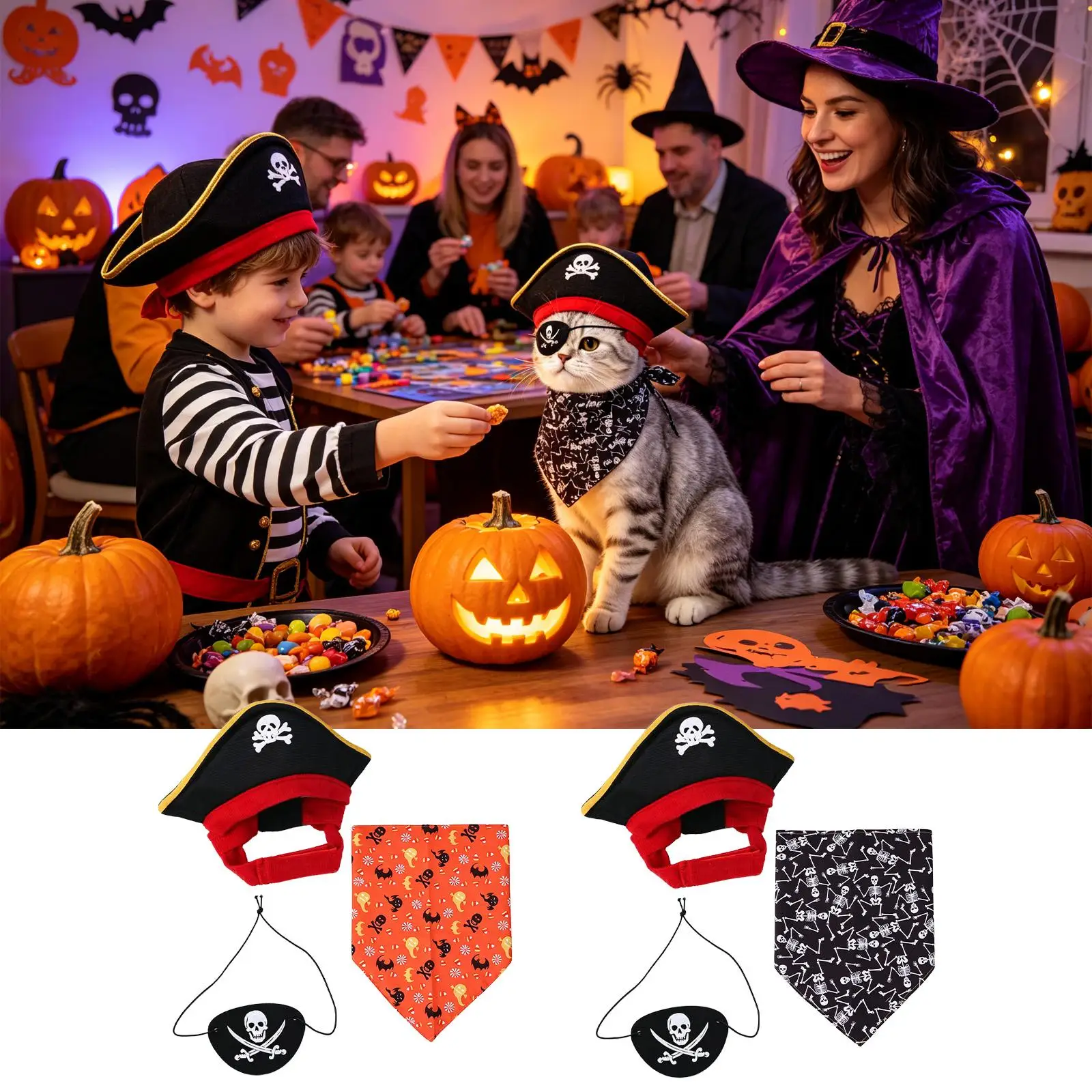 Cat Pirate Costume 3 Pieces Funny Pirate Hat Eye Patch Makeup Halloween Dog Cosplay Costumes For Pet Dress-Up Party Stage