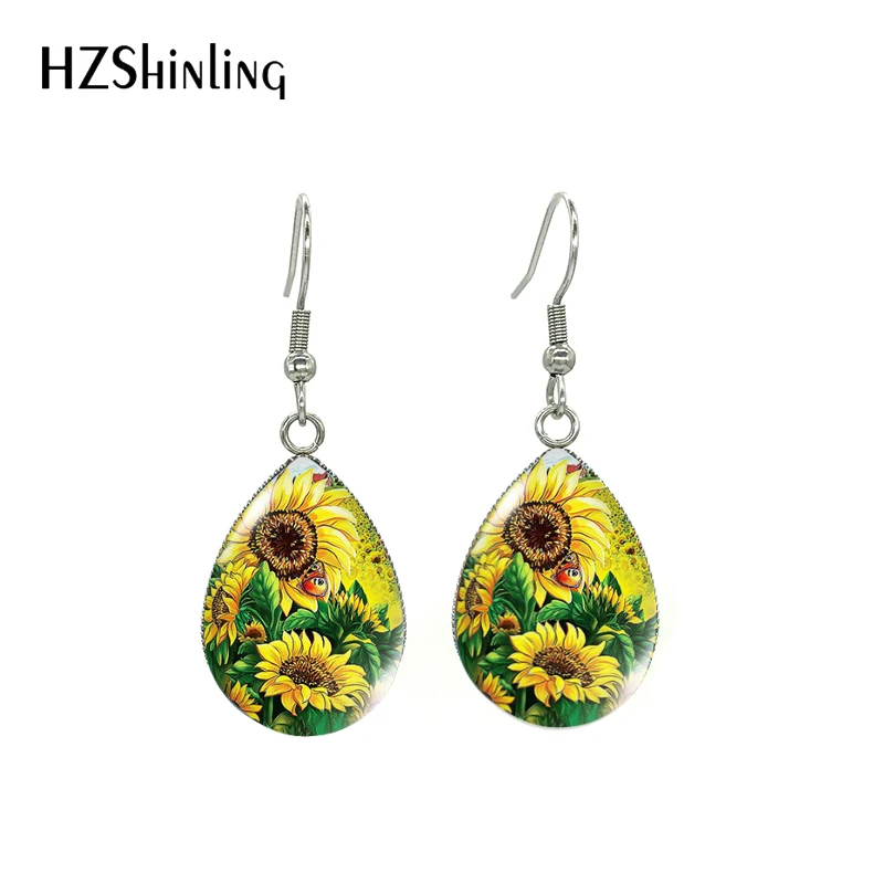 New Flowers Poppies Tulip Rose Lily Sunflower Oil Paintings Handmade Tear Drop Fish Hook Earrings