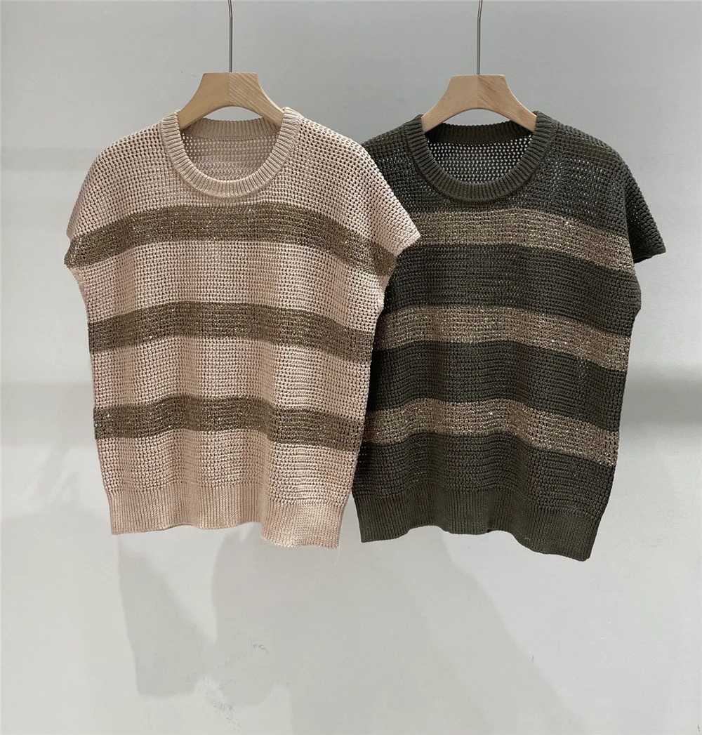 Summer New Women's Round Neck Sequined Stripes Knitted Short-Sleeved T-Shirt Top