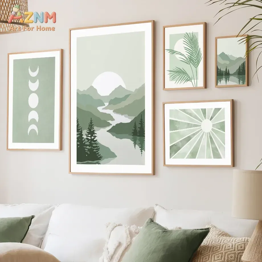 AZNM Sage Green Boho Nature Canvas Wall Art Mountain River Moon Phase Palm Leaf Sun Geometric Print Unframed Canvas Painting for