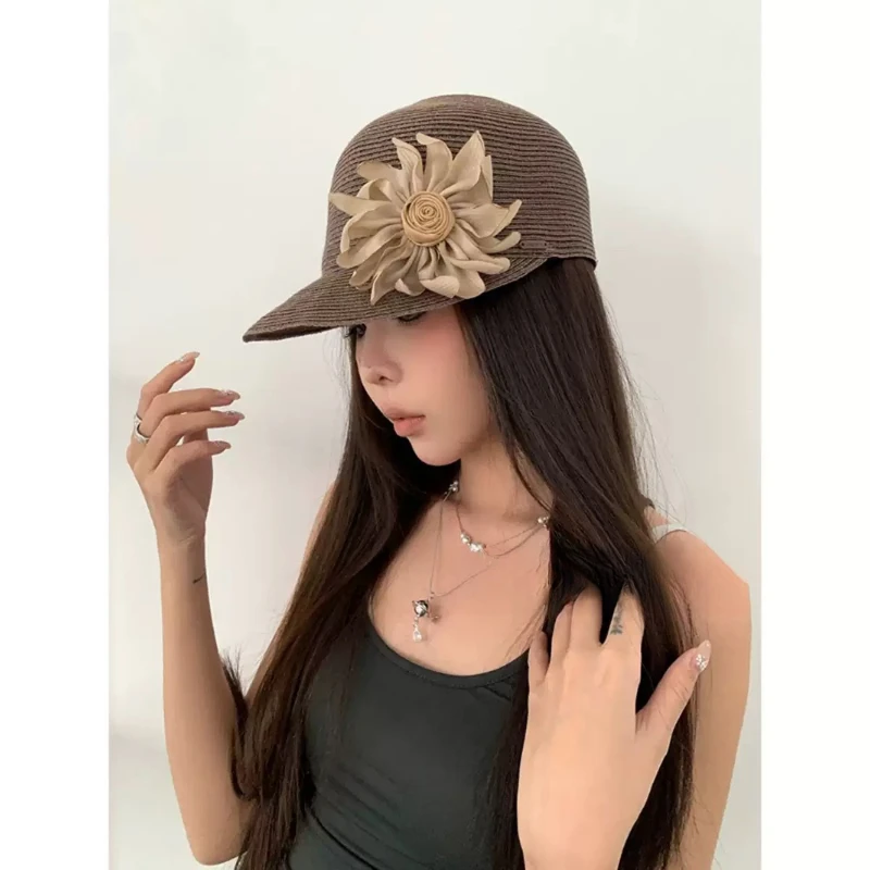 Women Summer Floral Nylon Straw Braided Sun Visor Cap Elegant Large Flower Visor Hat Vacation Beach Protection Panama Gorras