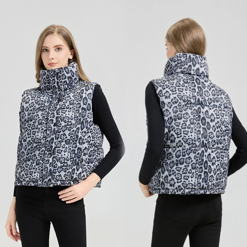 European American Style Leopard Print Vest Cotton Padded Jackets Autumn Winter Women's Sleeveless Stand Collar Down Waistcoat