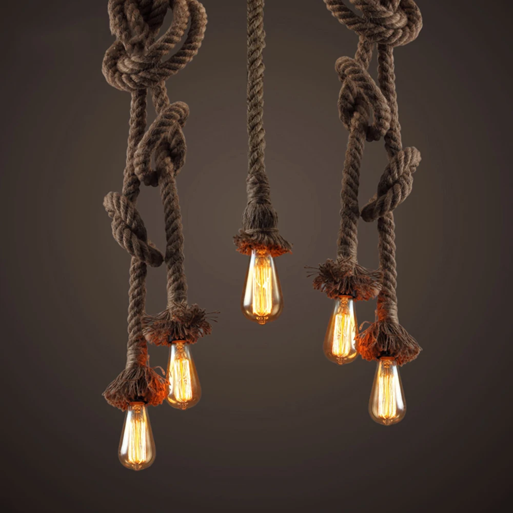 

Retro Vintage Hemp Rope Pendant Light American Industrial Hanging Lamps Creative Loft Country Style Ceiling Lamps E27 Edison LED