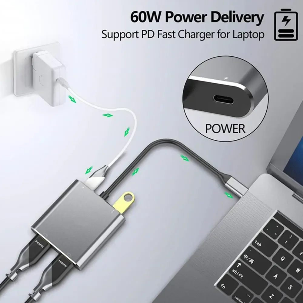 USB‑C to Dual HDMI 4‑in‑1 Dock Multi‑Screen Display Adapter 4K Video Output For Switch Rog Phone USB C Multiport Hub