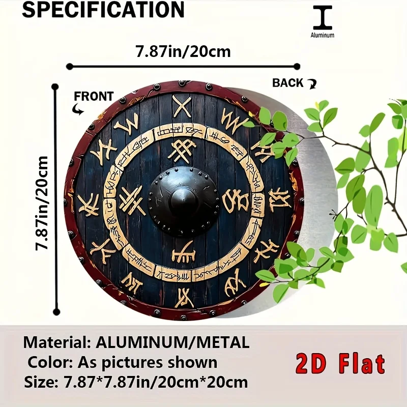 2D Flat, Viking Rune Shield Metal Wall Art - 20.32cm Round Vintage Nordic Decor with Golden Runes, Dark Wood & Red Border - Reus