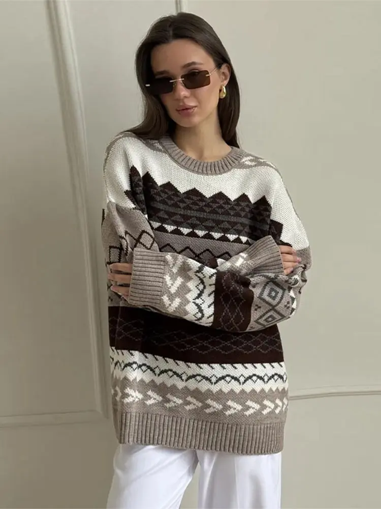 

Geometric Pattern Women 's Pullovers Loose O-neck Knitted Full Sleeve Patchwork Female Sweaters 2025 Autumn Fashion Lady Jumpers