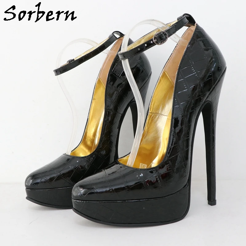 

Sorbern Crocodile Patent Black Shoes Women Pump 8 Inch Spike High Heels Pointy Toe Shoe Ankle Strap Platform Custom Color