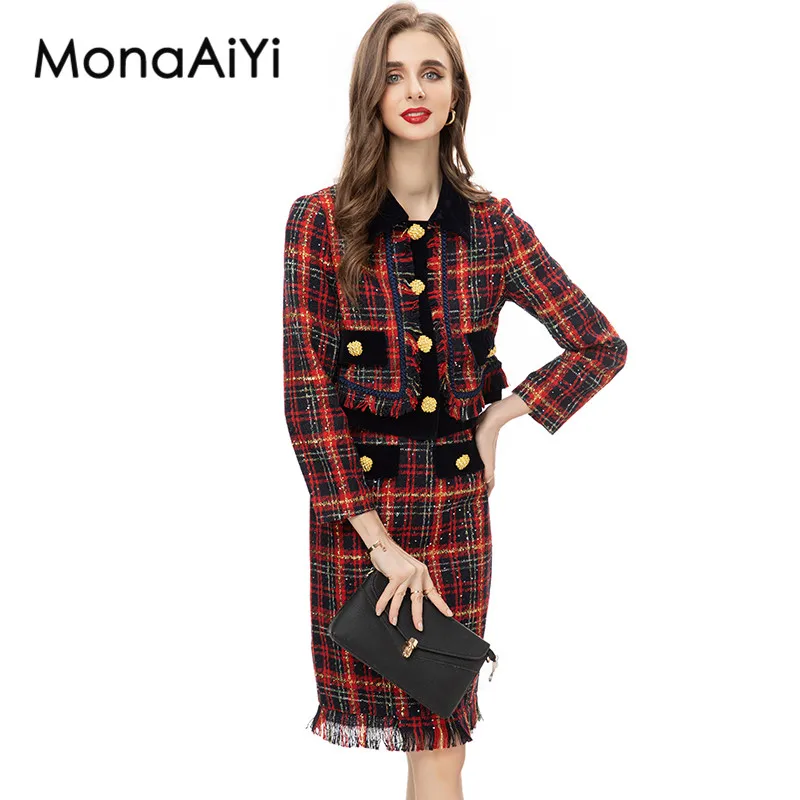 MonaAiyi-Casaco Xadrez High Street Feminino e Conjunto de Saia Midi, Colarinho Turn-Down, Designer de Moda Runway, Qualidade Superior, Mais Novo, 2Pcs, 2023