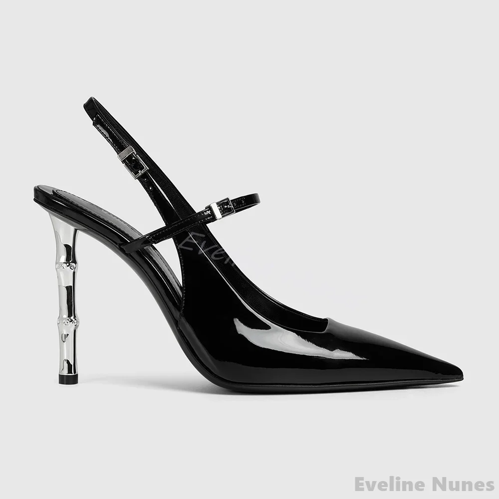 

Bamboo Heel Shallow Pumps Women Black Patent Leather Pointed Toe One Word Belt Back Strap High Heel 2025 Summer New Sexy Sandals