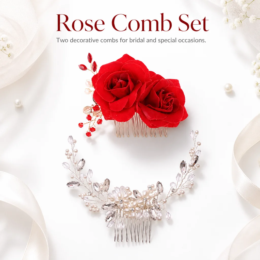 Hair Comb Set Silver Alloy Faux Pearl Rose 4 Hair Comb Set Silver Alloy Faux Pearl Rose