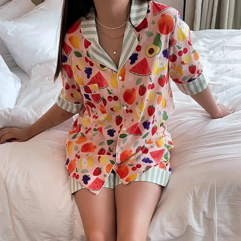 2024 Sweet Fruit Ice Silk Pajamas Suit Women's Summer New Printed Short Sleeve Top+Shorts Outwear Casual Home Clothes