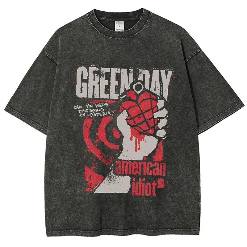 

Green Day American Idot Pattern Printed Washed T-Shirt Hip-Hop Men Cotton Loose Short Sleeved Women Oversized Trendy T-Shirt