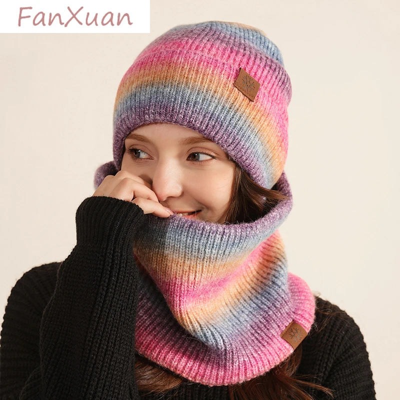 2 stücke Winter mütze Snood Schal Set für Frauen bunte gestreifte Mützen Hut für Frauen Hals wärmer Plüsch Futter Winter Sets Geschenk