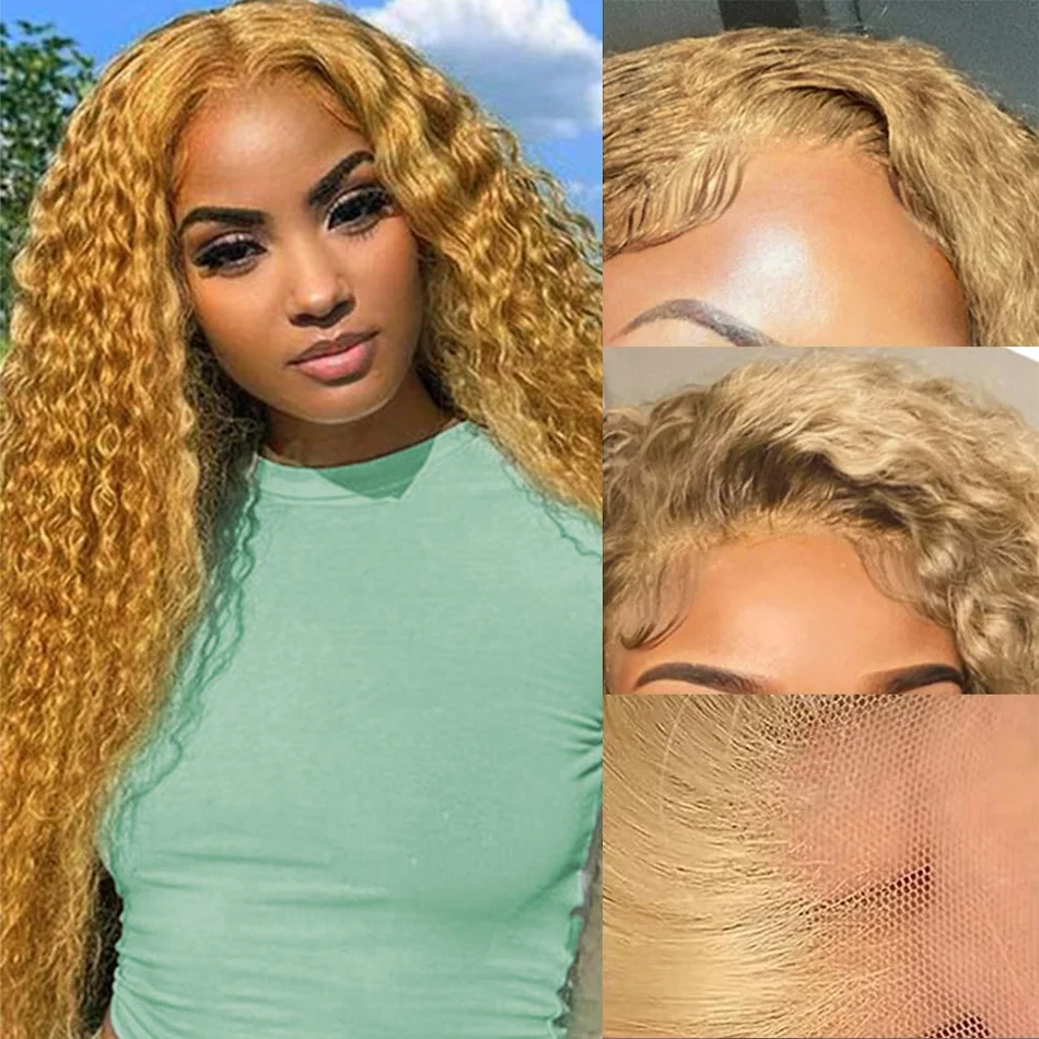 

Медовый блондин парик Человеческие волосы Глубокая волна Hd Парик фронтальной части шнурка 13X6 Парик фронта шнурка вьющиеся цвета 27 Предварительно выщипанные плотность 250 30 38 дюймов