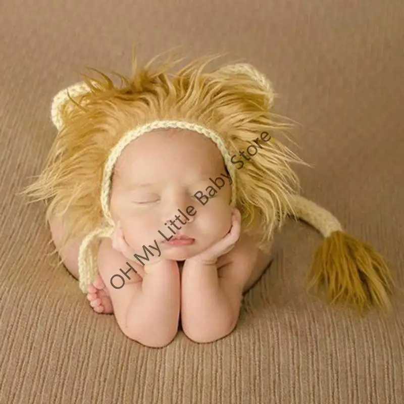 M76C 2 Pcs Baby Props Lion Hat Tail Set Newborn Photography Costumes Knitted Outfits