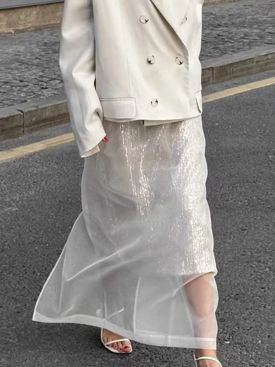 

Сексуальная прозрачная юбка Me с высокой талией и прямыми штанинами, женская мода, весна/лето 2024, однотонная длинная юбка