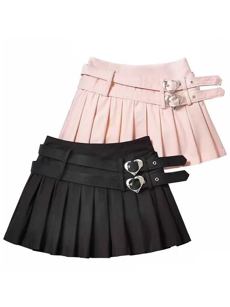 

2023 Women Summer Fashion Hot Sweet Slim Pleated Super Short Skirt Cute Chic Heart Belt Mini Skort Streetwear Shorts Skirts