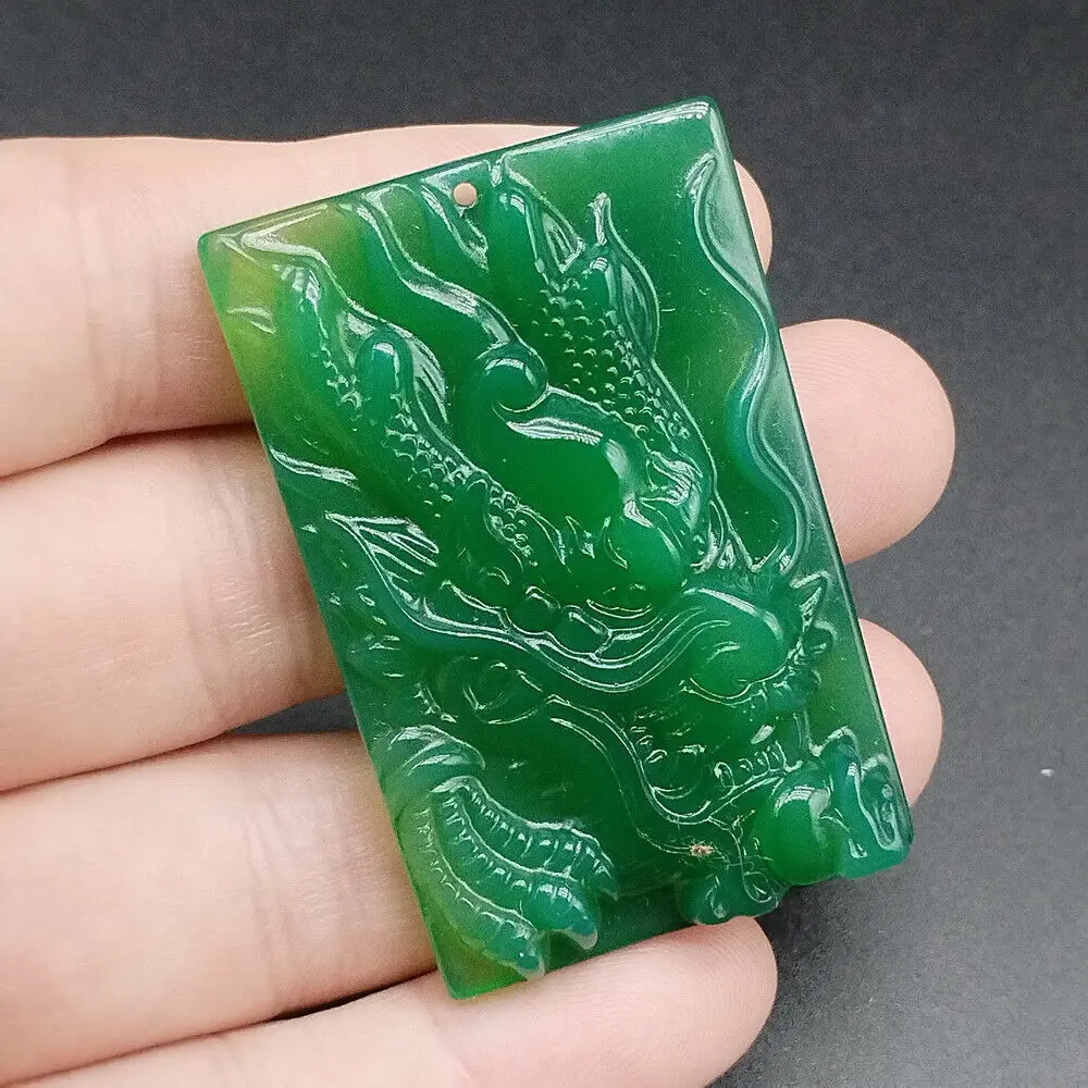 

Certified Green Natural A Agate Chalcedony Carved Dragon Head Amulet Pendant