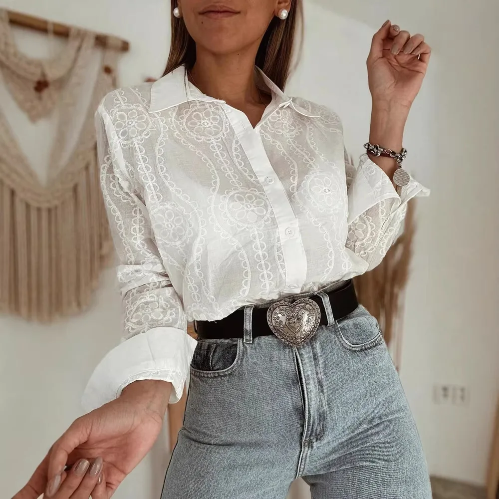 

2026 Spring New Elegant Eyelet Embroidery Shirt Women Fashion Hollow Out Crochet Blouse Long Sleeve Turn-down Collar Casual