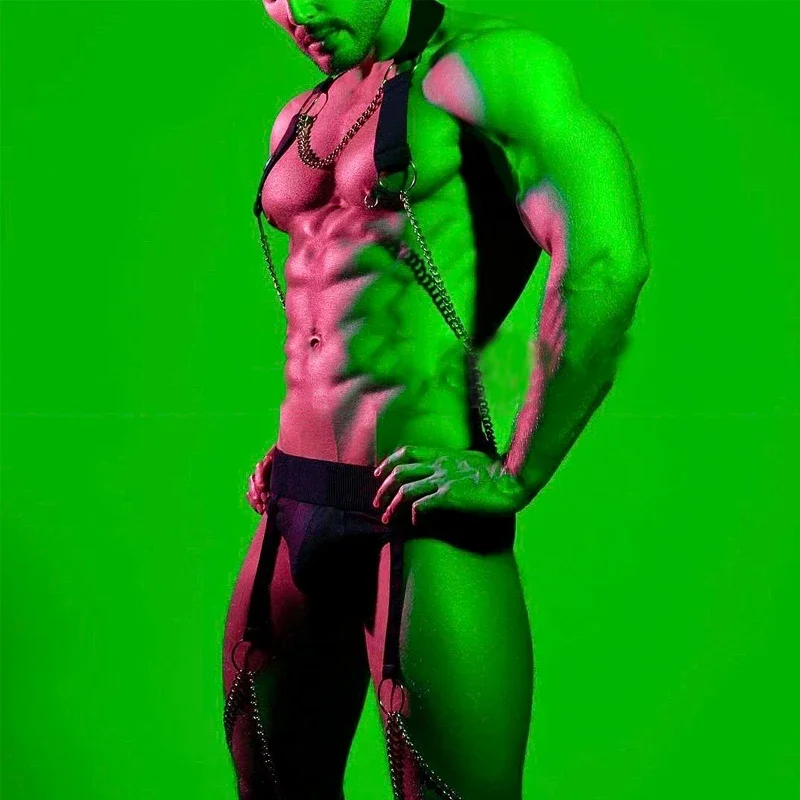 ナイトクラブ DJ ゴーゴー衣装セクシーな中空ストラップ脚セット黒胸チェーン弾性包帯バーニングマンステージアクセサリー XS3140