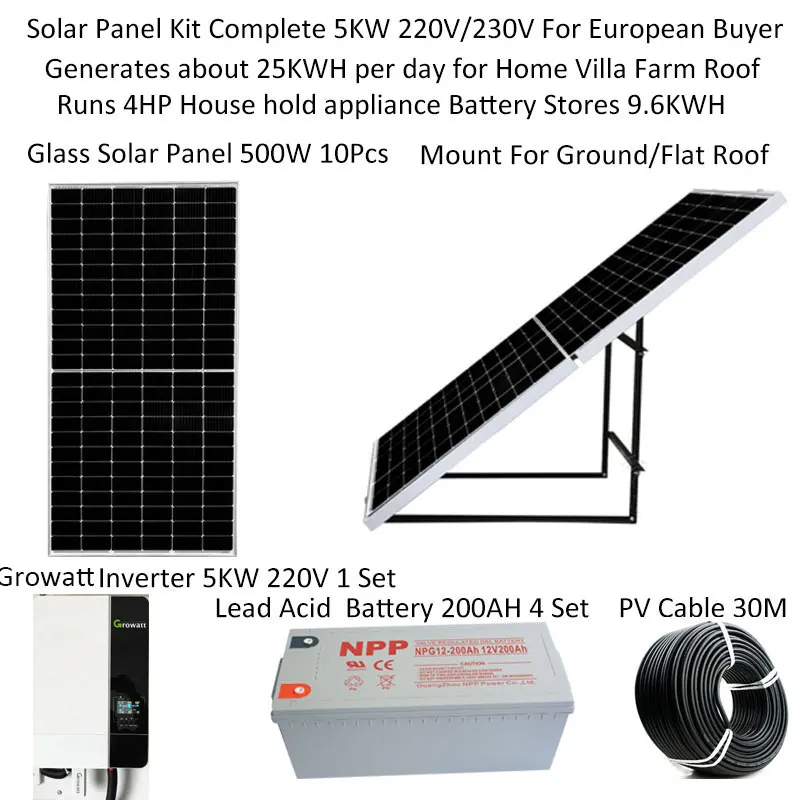 Solar Panel  Kit Complete With Battery 5000W 5KW 220V 110V Photovatics Panel 500W Off Grid Ground Mount Growatt Hybrid Inverter