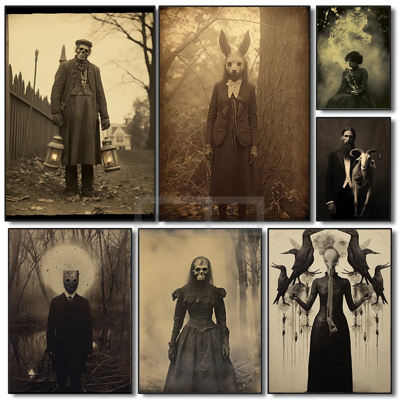 Retro Old Photos Gothic Horror Portrait Poster Dark Art Wall Vintage Poster and Prints Canvas Painting Pictures Home Room Decor
