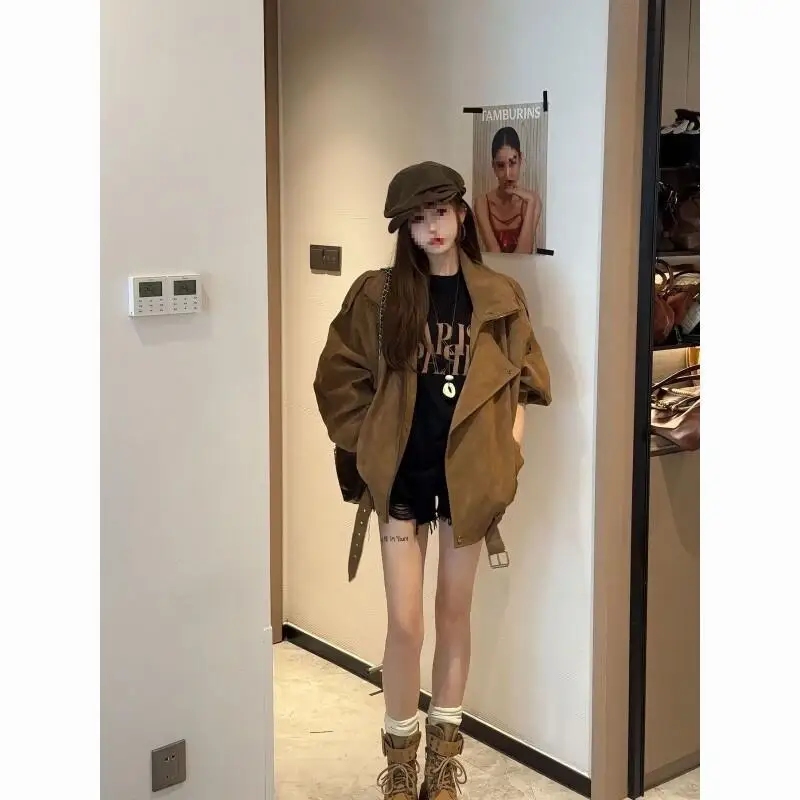 

Women Retro Lapel Autumn Spring Coat New Model Tops Design Sense Long Sleeves Loose Lazy Outerwear Design Sense Elegance Jacket