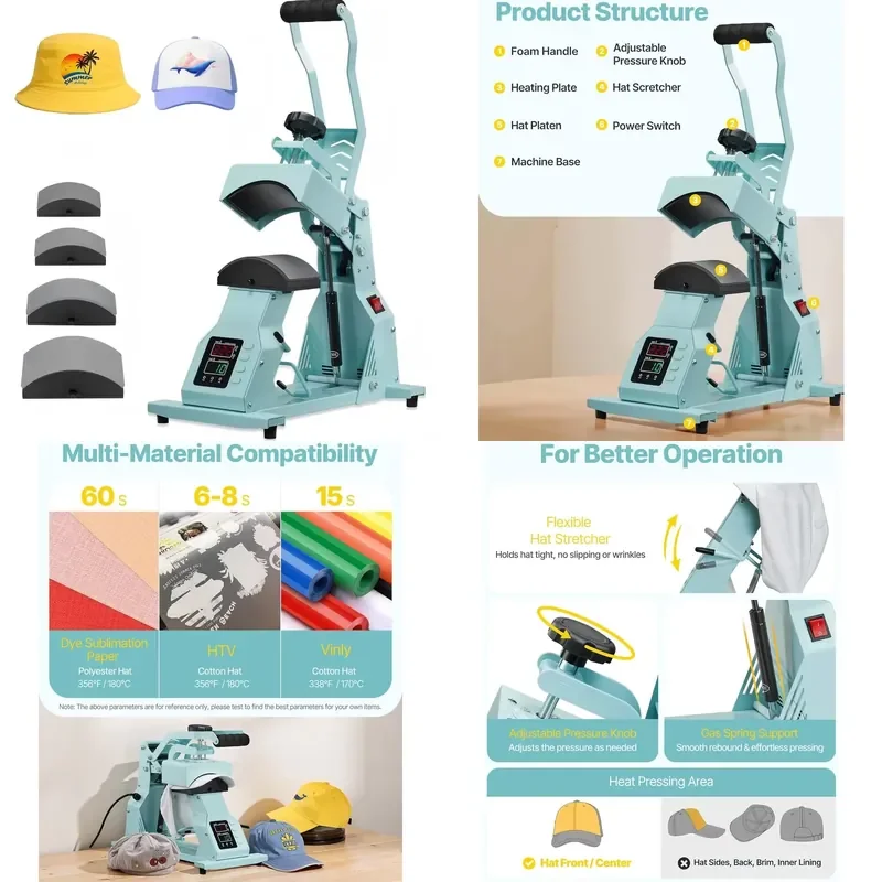 STROVAN New 4-in-1 Electric Semi-Automatic Heat Press Machine Portable DIY Crafts for Caps 110 V / 220 V Plug Play for Women