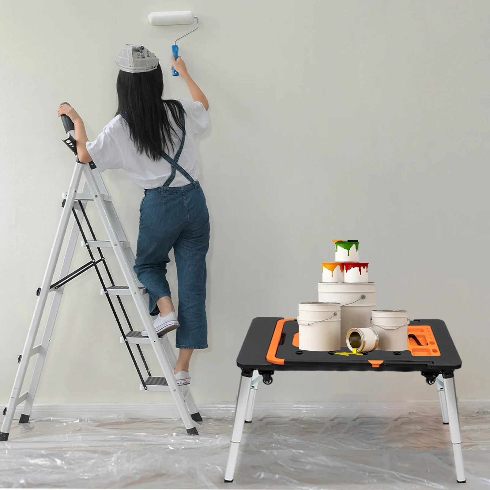 7-in-1 Multifunctional Workbench 250kg Capacity 2 Lockable Wheels Tool Storage Adjustable Height Ideal for DIY Professional Use