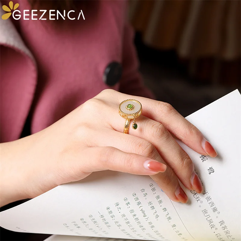 GEEZENCA 925 Sterling Silver Gold Plated Natural Jade Rotating Rings For Women Vintage Luxury Gemstone Lucky Ring 2022 New Trend