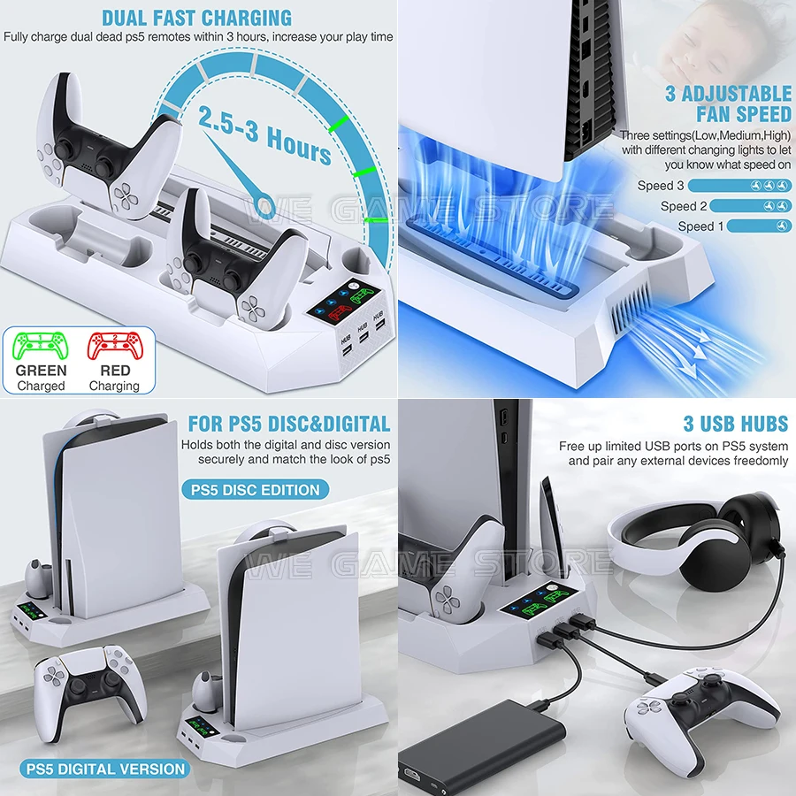 Ps5 universal multifuncional suporte 2 gamepad carregamento doca ventilador de refrigeração jogo console suporte para sony playstation 5 acessórios