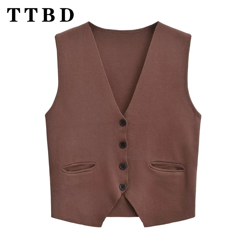 TTBD Woman 2024 New Autumn Casual V-Collar Waistcoat Coat Female Vintage Sleeveless Jacket Solid Color Top Single-breasted Gilet