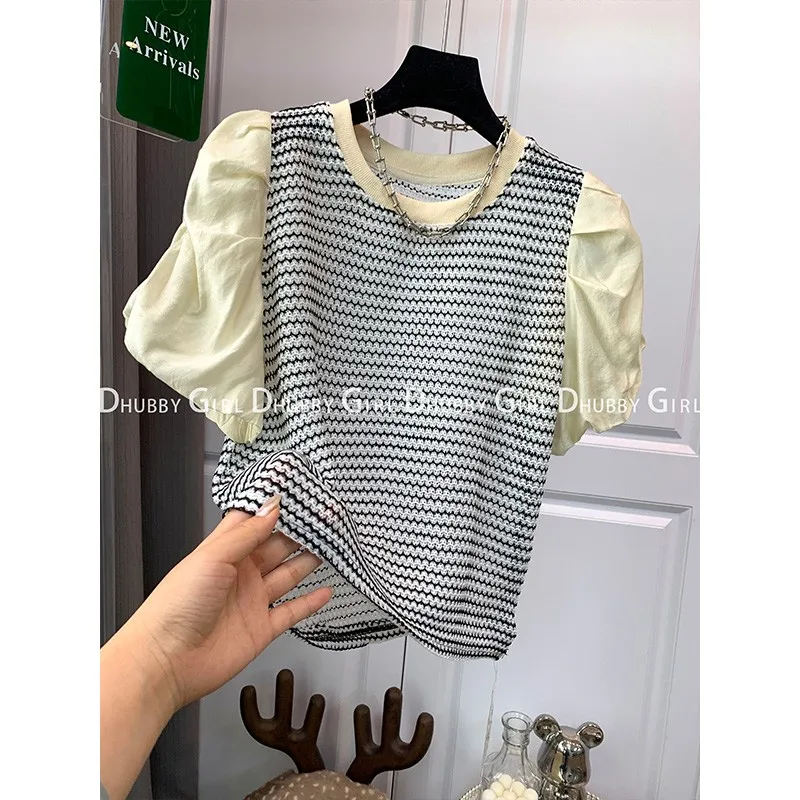 

Sweet And Cute Party Striped Color Puffy Sleeve Crew Neck Short Sleeve T-Shirts Girls Tshirts Short Folds Tops For Women 2023