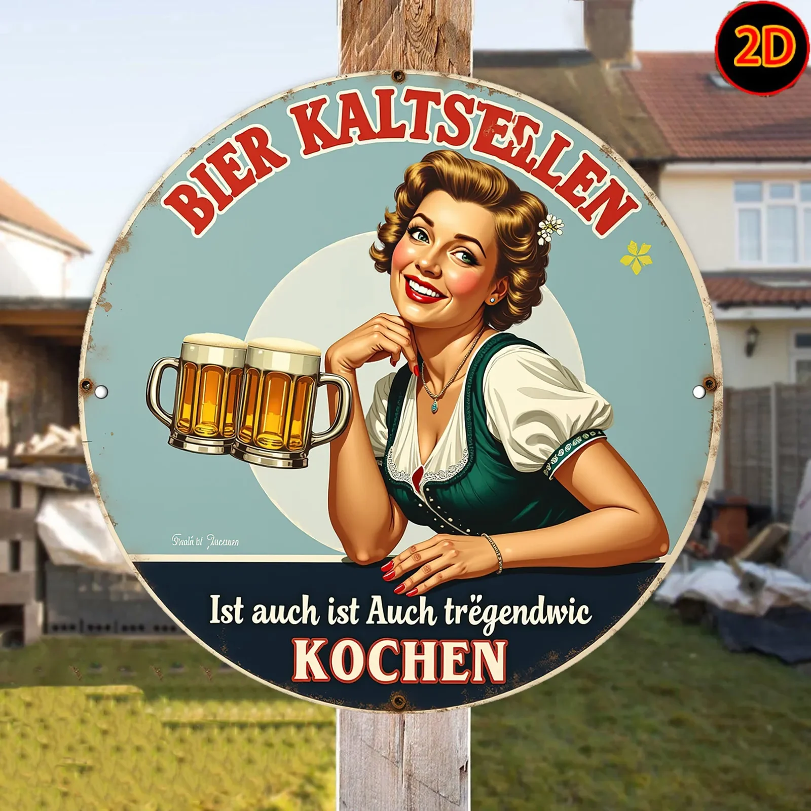 2D Printed Round Metal Sign Plaque Aluminum Art, Vintage Bavarian Lady with Beer Mug, Perfect for Bedroom, Living Room,