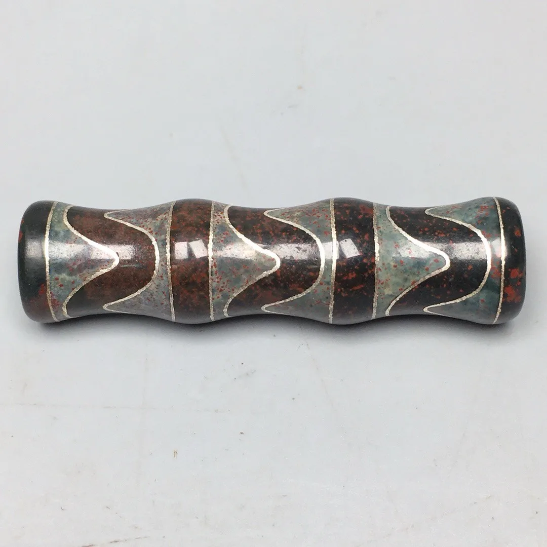 Tibetan Cinnabar Old Agate Dzi Inlaid Silver Tiger Teeth Bead Pendant S0524