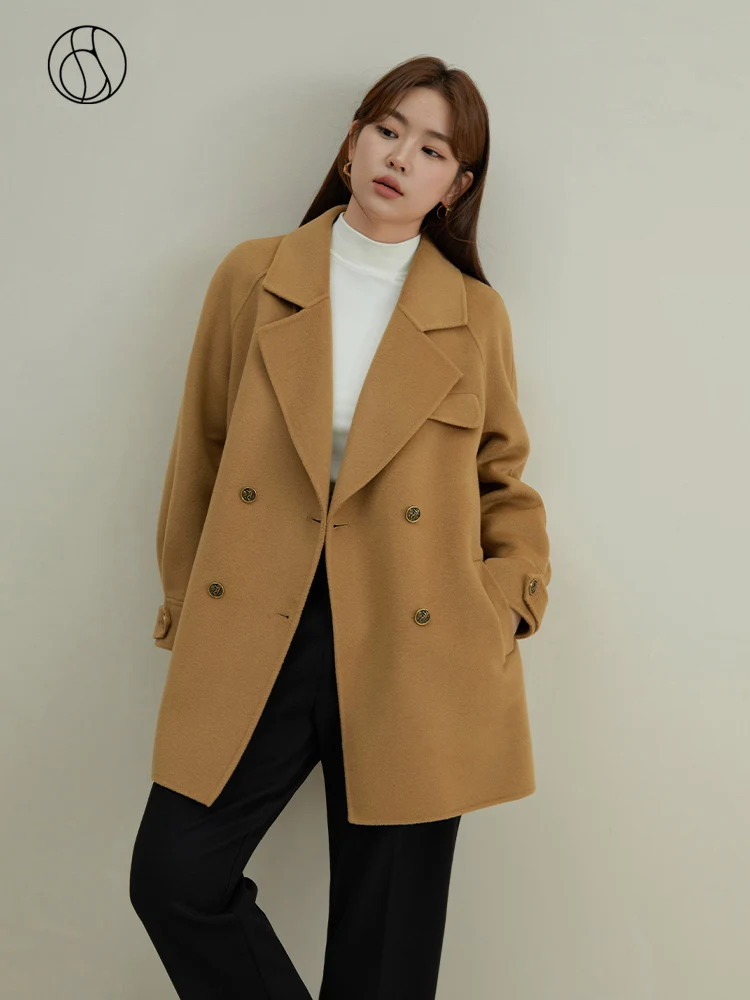 

DUSHU 100% Wool Notched Collar Women Raglan Sleeve Winter Khaki Woolen Jackets One Hand-Length Female Yellow Double-Side Coats