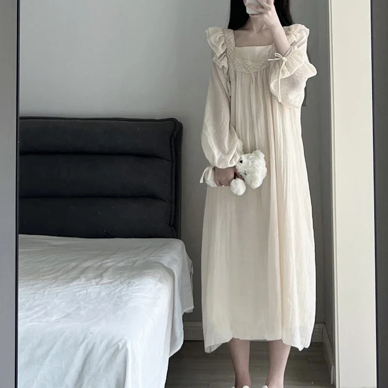 Square Collar Sleepwear Women Lace Nightgown Korean Ruffles Night Dress Autumn One Piece Pajamas Solid Long Sleeve Home Wear New