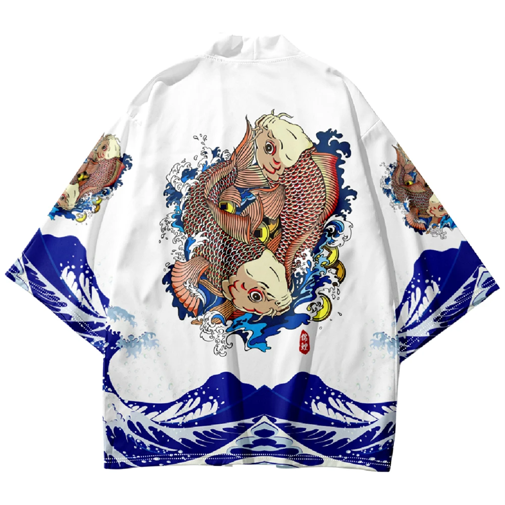 

Japanese Carp Print Kimono Shirt Haori Fashion Summer Beach Yukata Men Women Traditional Cardigan Asian Clothing