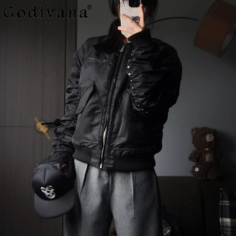 American Retro Thickened Jacket for Women Winter New Rivet Patchwork Black Cotton Coat Female Long Sleeve Loose Jacket