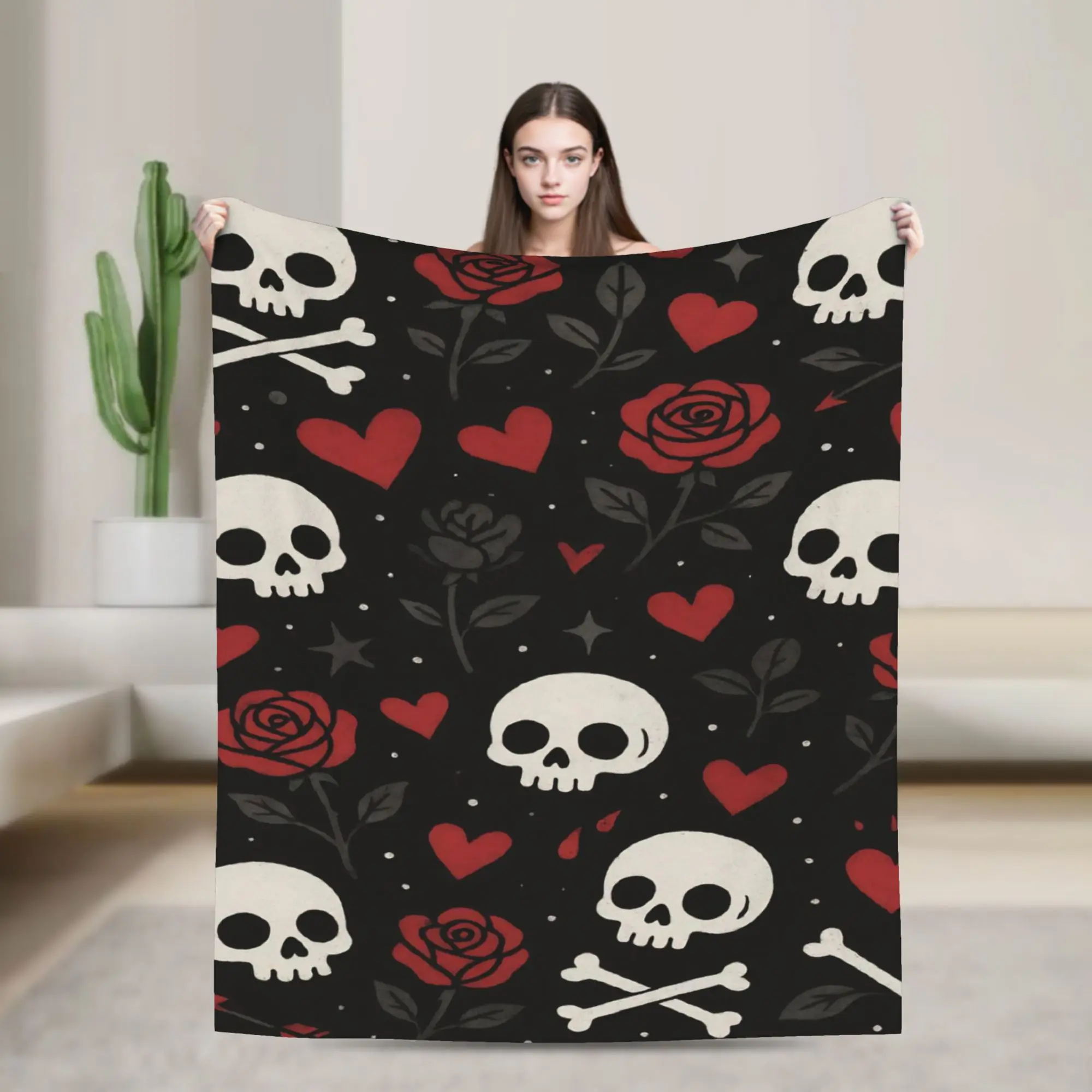 Cozy Halloween Skulls And Flowers Gothic Goth Blanket Accessories Bedding Decorative  Blanket Throw Lightweight Flannel