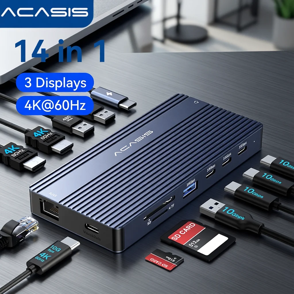 Acasis 14 in 1 USB-C to 2 HDMI 1 USB-C/DP Hub 4K/60HZ 3 Displays 10Gbps PD100W TF/SD 3.0 1000Mbps Ethernet  For Lapto