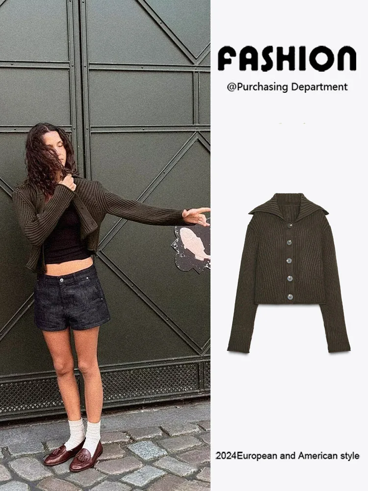 

New Autumn Women's Knitted Long Sve Coat Ribbed Button Flip-Cover Collar Versatile Outerwear European Sle Faion Ladies...