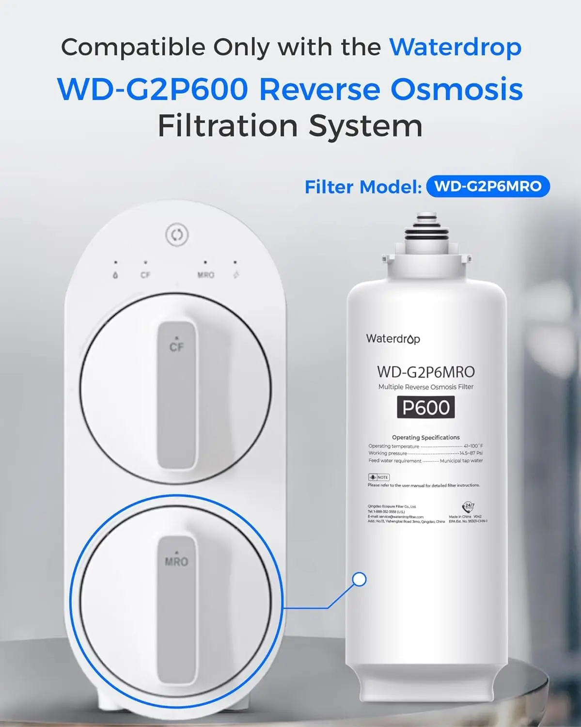 Waterdrop G2P6MRO Filter, Replacement For G2P600 RO System, 2-Year Lifetime
