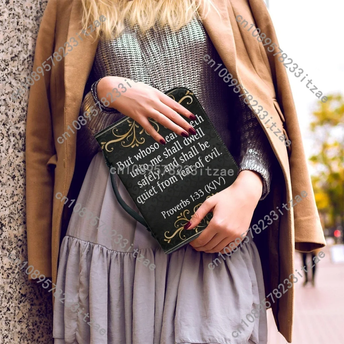 حقيبة يد جلدية للنساء من نزاعة الكتاب المقدس وطباعة أكياس تخزين الكتاب المقدس بمقبض بسحاب حقيبة حمل الكتاب المقدس المحمولة Paquete Biyblico