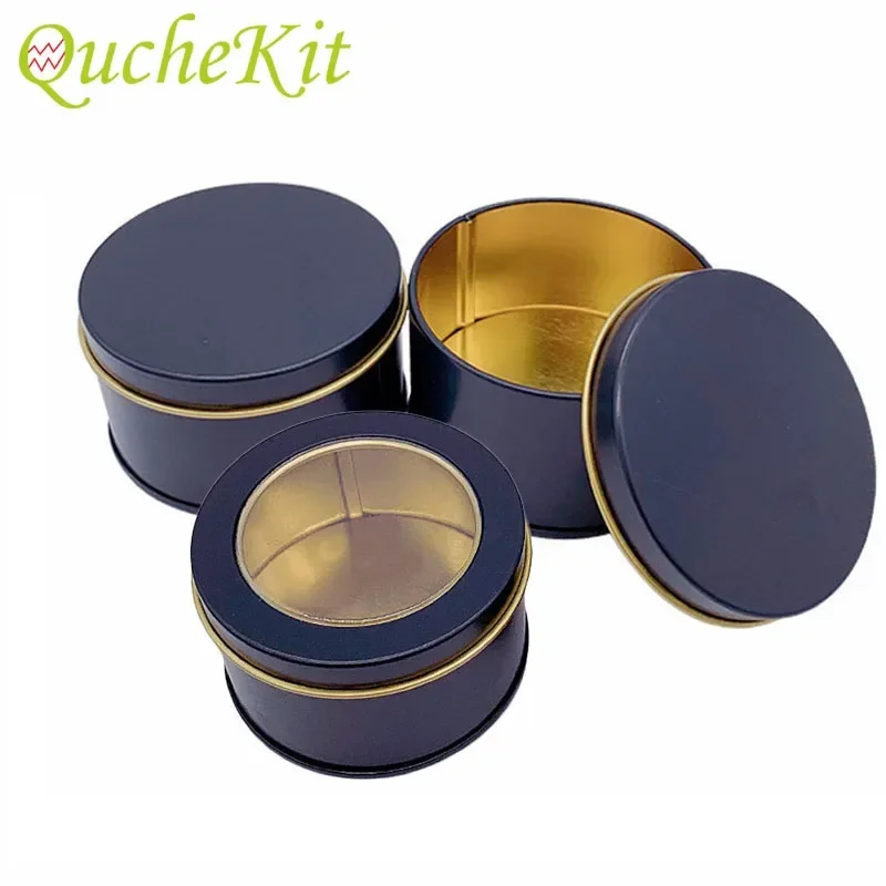 12Pcs Round Metal Tin Box Candle Jar Black Gold Screw Top Cans With Window Makeup Cream Lip Balm Smaple Container Empty Pot Box