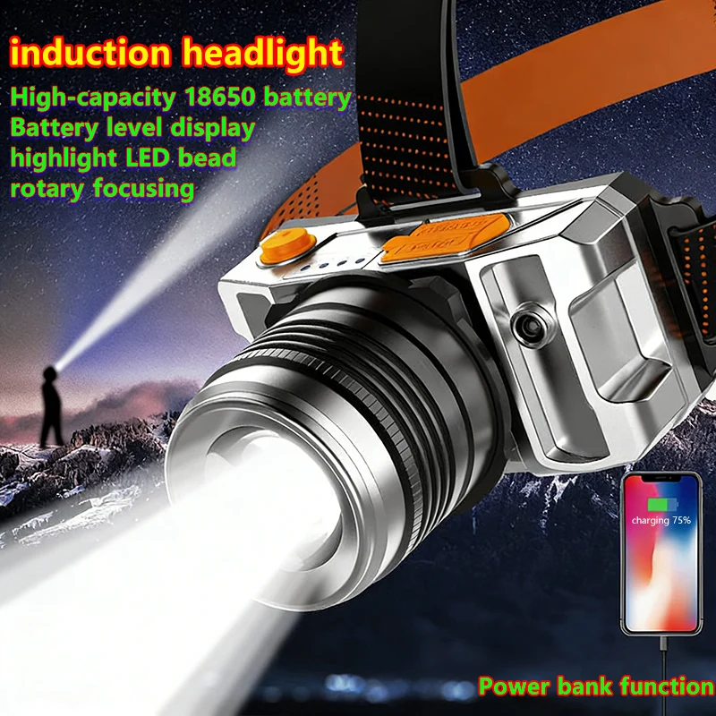 Smart Induction Headlight Zoom USB Charging Wave Sensing LED White Light Headlamp Outdoor Multi-purpose Head Torch running Lamps